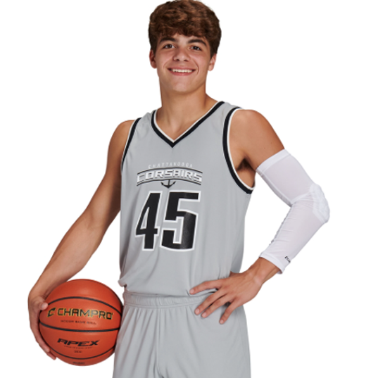 Person wearing a basketball uniform with the number 45, holding a basketball.