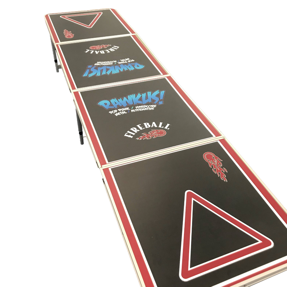 Beer pong table with branded designs on a white background