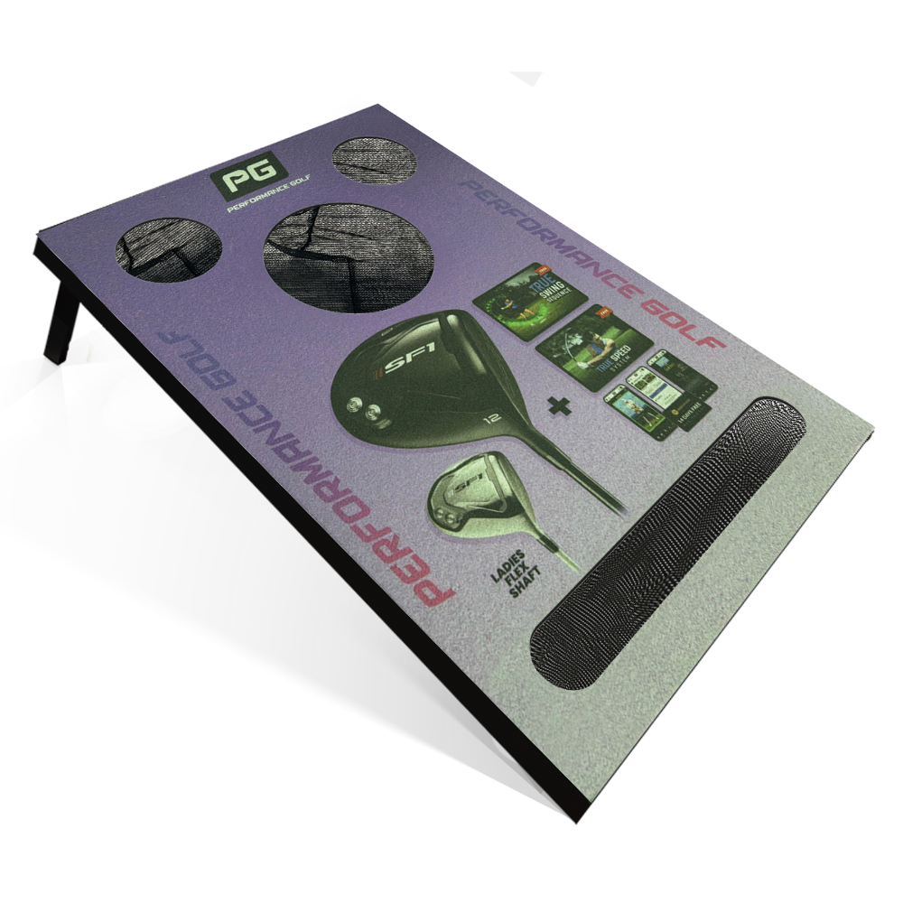 Golf training aid with green and black design on a purple and gray packaging