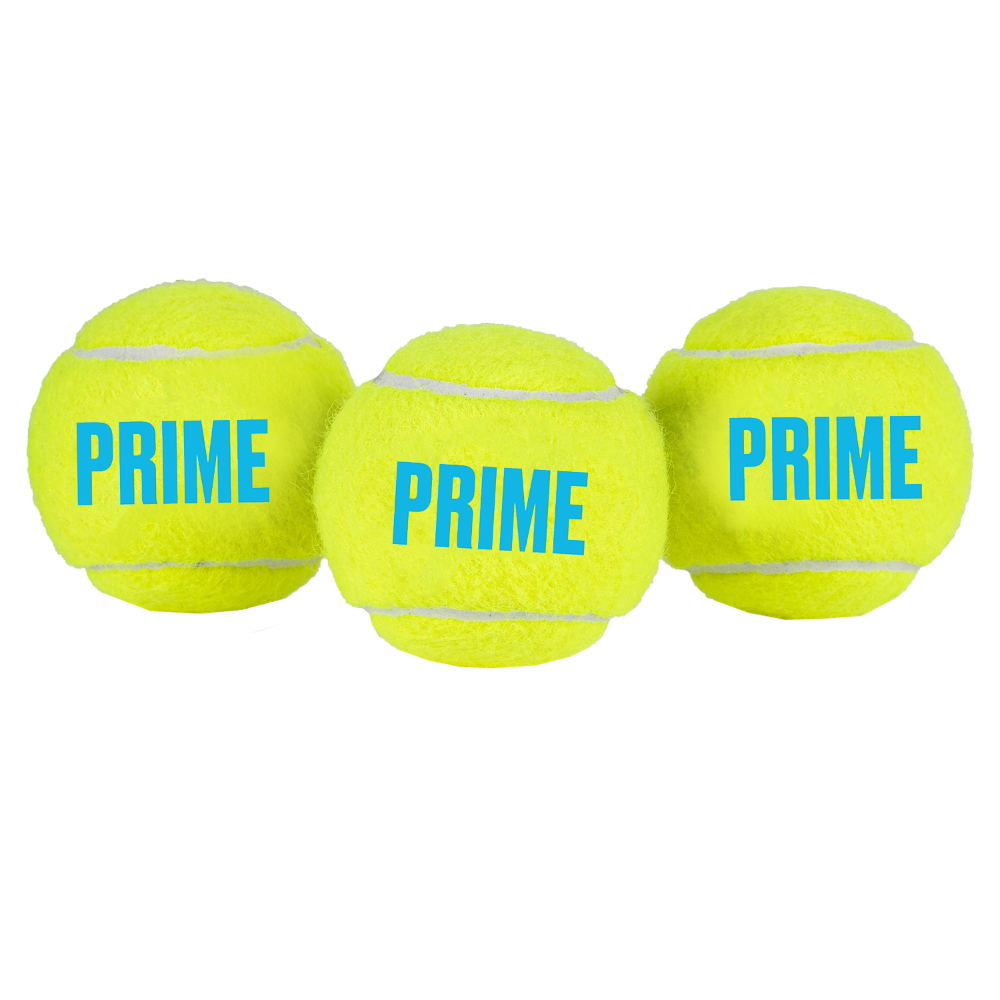 Three yellow padel balls with the word 'PRIME' printed on them, arranged on a plain background.
