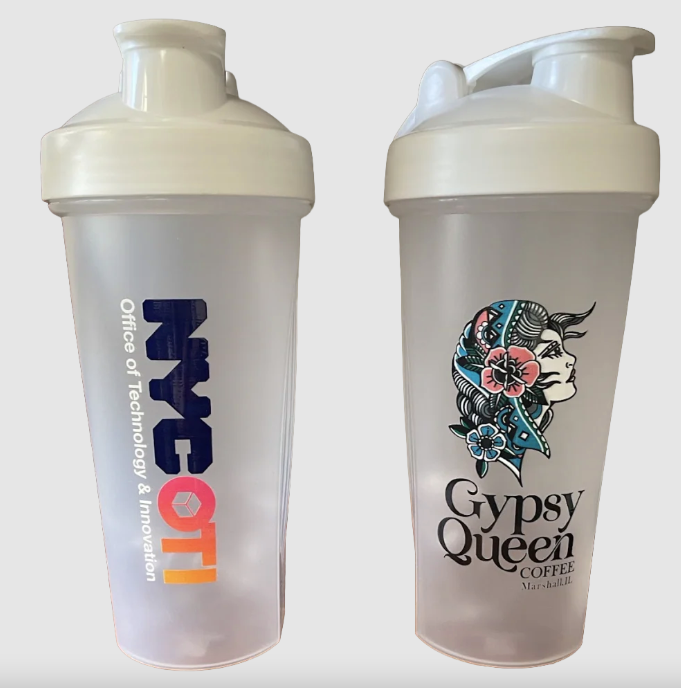 Two clear shakers with branded designs on a white background