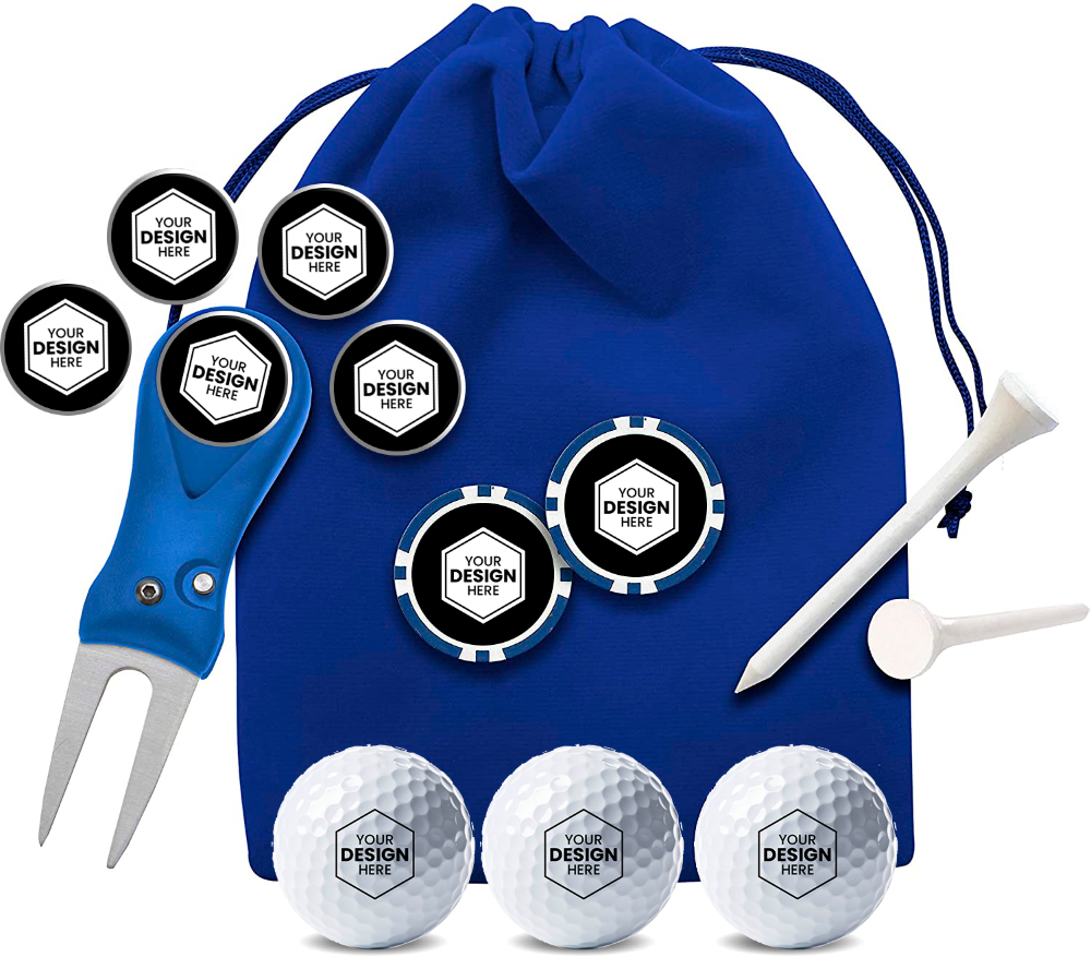 A custom branded golf fork and tee set displayed with golf balls, tee markers, a blue storage bag, and a blue golf fork.