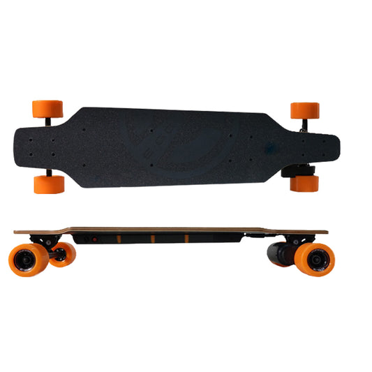 Black promotional electric skateboard front side view branded