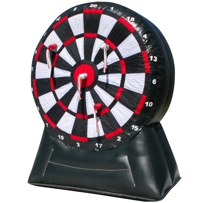 An inflatable dartboard with black, white, and red colors, featuring darts hit on the board.