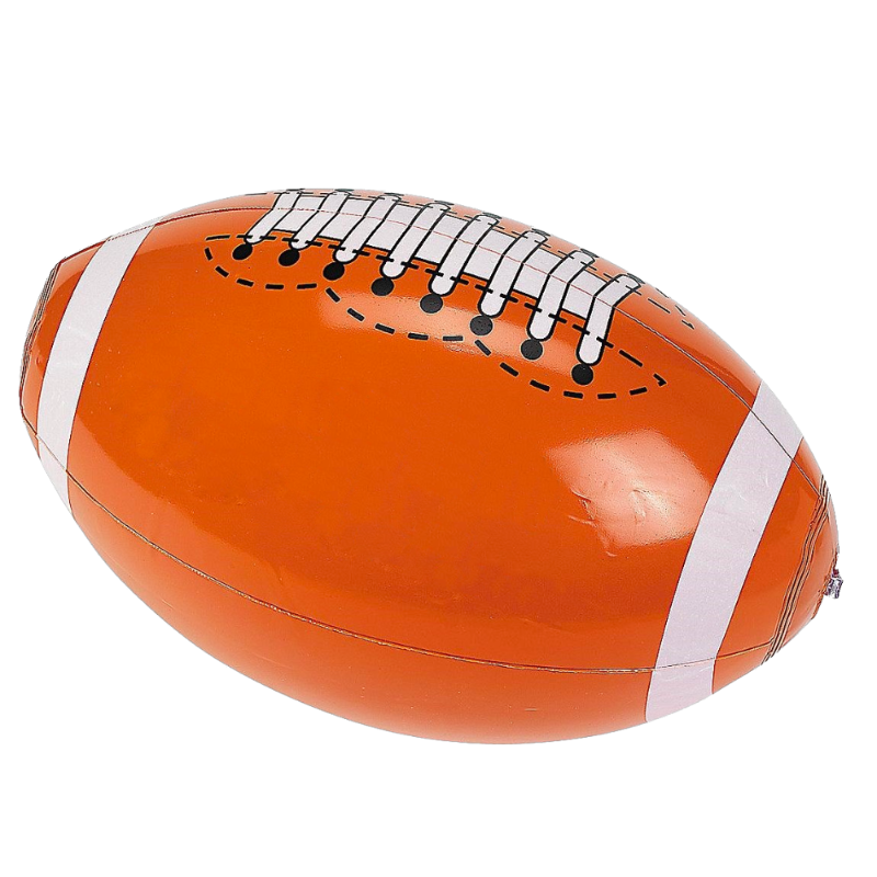 An inflatable orange football with white stripes and black details resembling the texture and lacing of a real football.