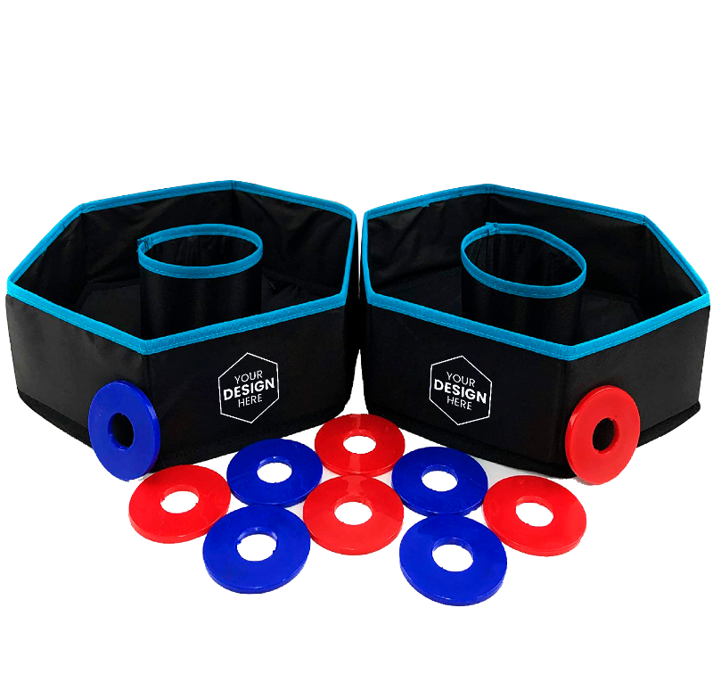 A custom branded Disc Toss game set up with black targets and red and blue discs.