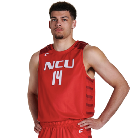 Person wearing a red sports jersey with 'NCU' and number '14' on a white background