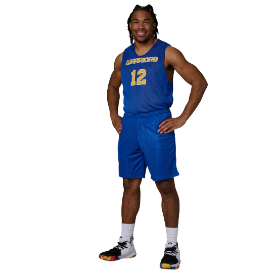 Person wearing a blue basketball uniform with number 12 on a white background