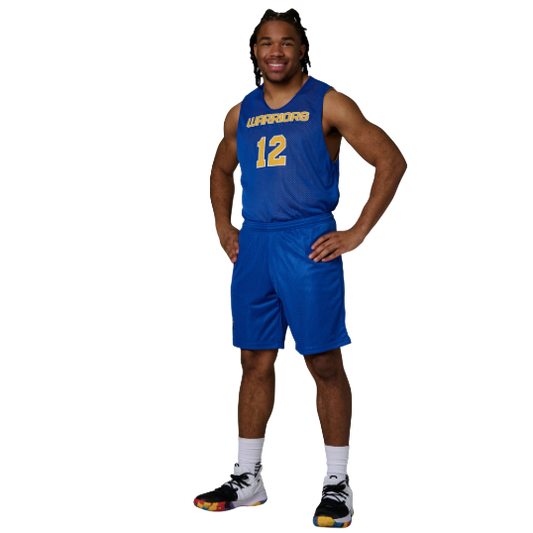 Person wearing a blue basketball uniform with number 12 on a white background