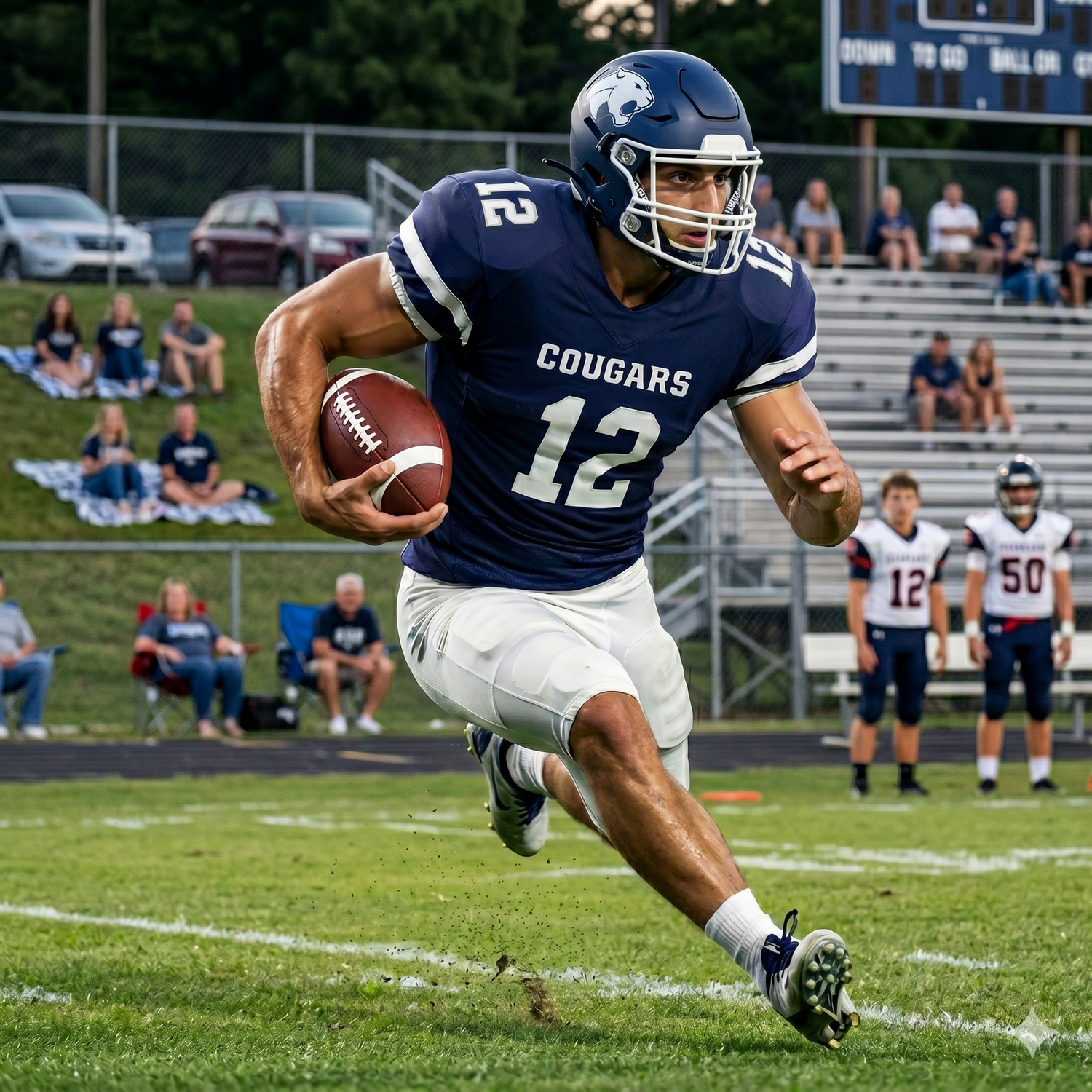 Football player in blue 'Cougars' jersey running with ball on field