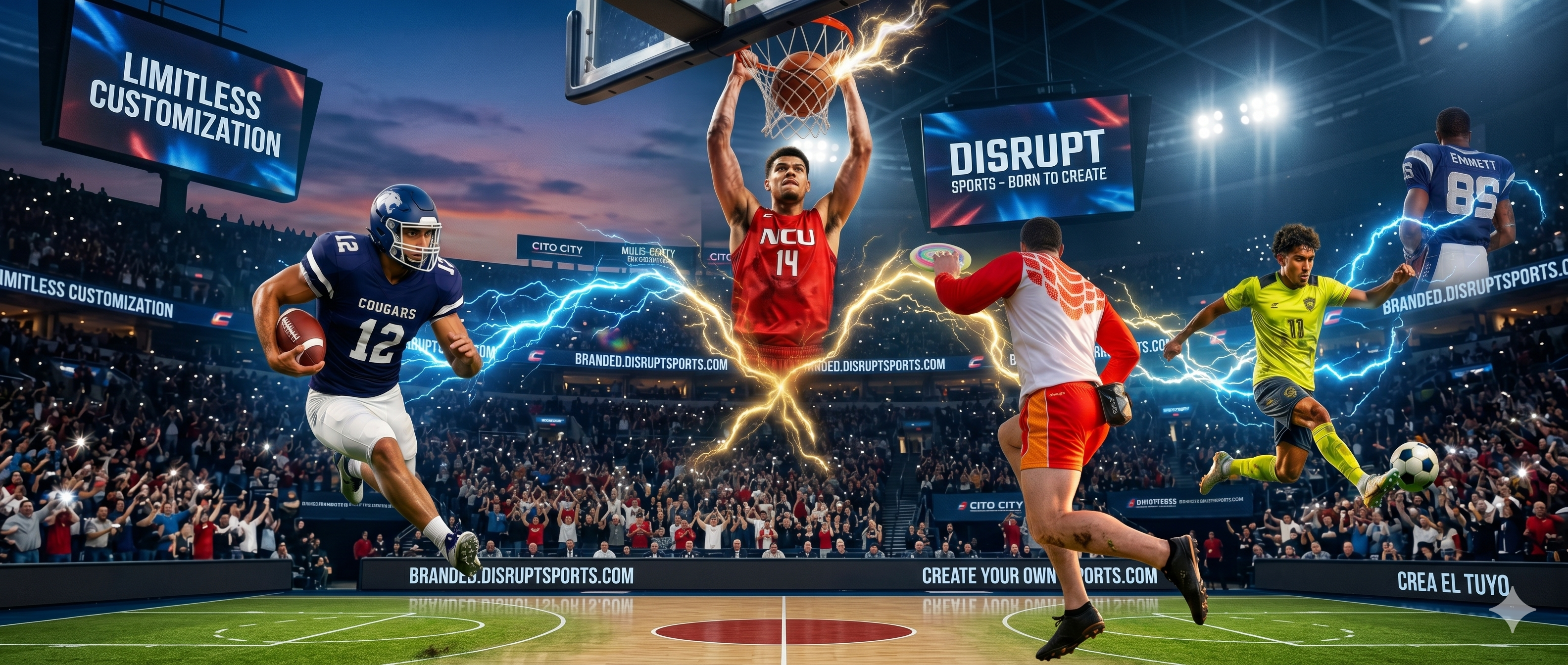 Sports athletes in action with digital elements and branding on a sports arena.