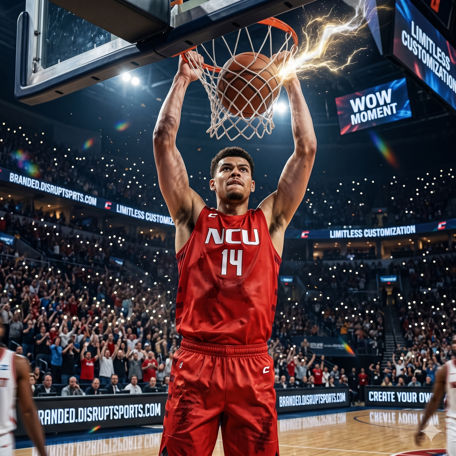 Basketball player in a red custom jersey dunking the ball during a game.