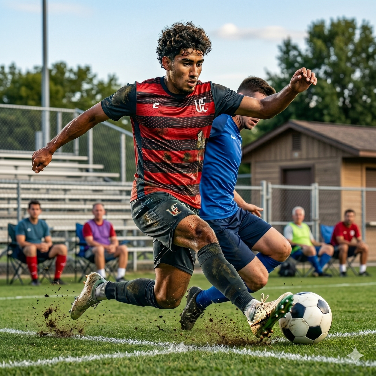 Two soccer players in action on a field with spectators in the background.