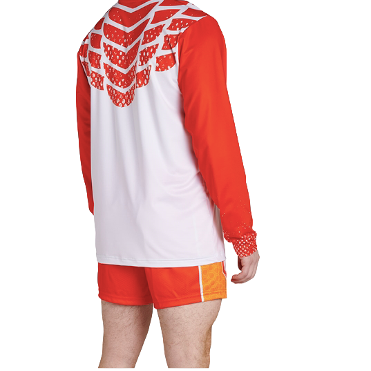 Red and white outfit with long-sleeve top and shorts on a white background