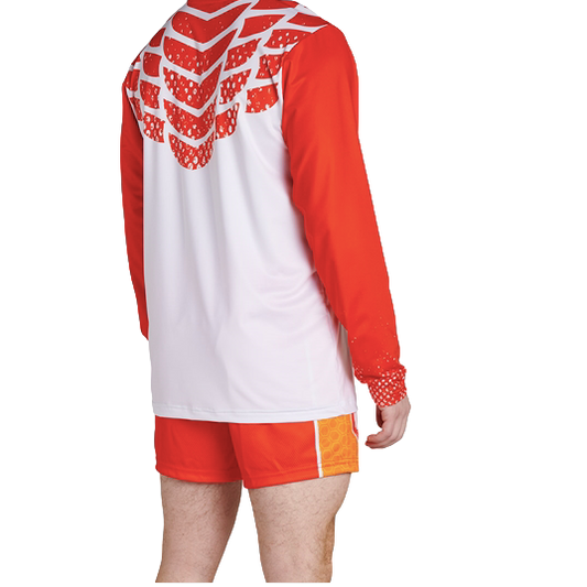 Red and white outfit with long-sleeve top and shorts on a white background