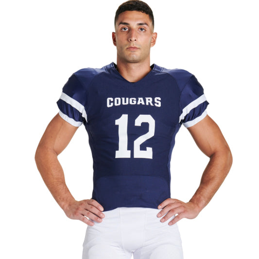 Person wearing a blue football jersey with 'Cougars' and number '12' on a white background