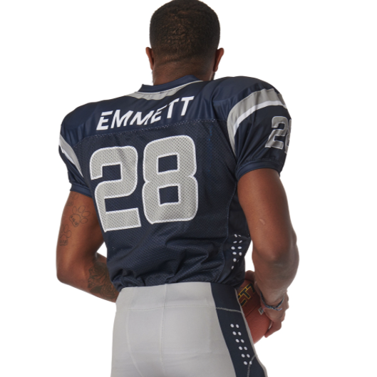 Person wearing a navy blue football jersey with the name 'Emmett' and number '28' on a white background