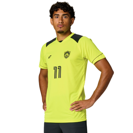 Person wearing a bright yellow soccer jersey with black accents on a white background
