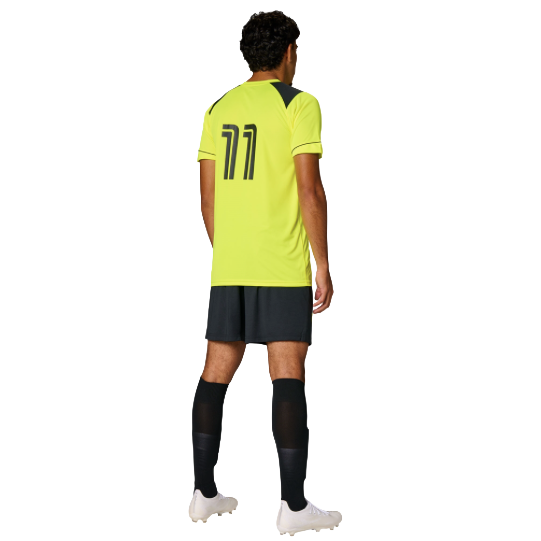 Person wearing a bright yellow soccer jersey with number 11 on the back, standing against a white background.