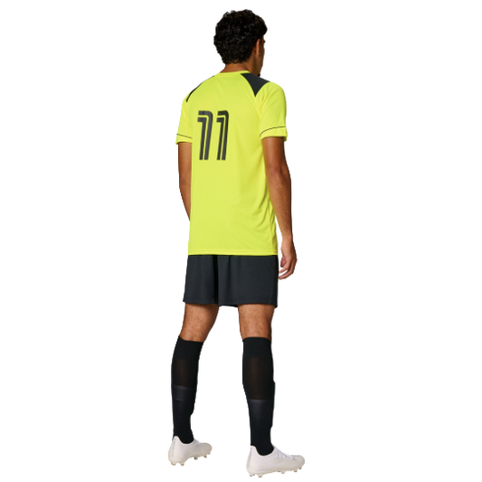 Person wearing a bright yellow soccer jersey with number 11 on the back, standing against a white background.